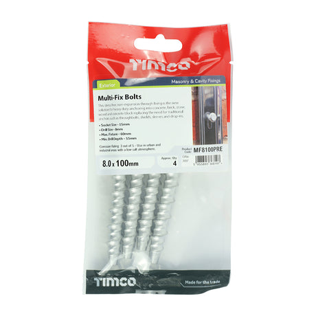 This is an image showing TIMCO Masonry Bolts - Hex - Exterior - Silver - 8.0 x 100 - 4 Pieces TIMpac available from T.H Wiggans Ironmongery in Kendal, quick delivery at discounted prices.