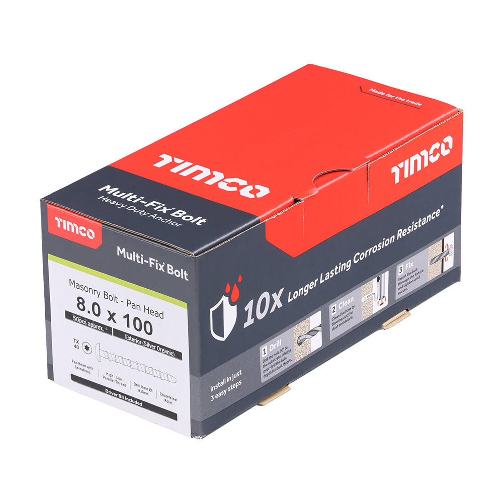 This is an image showing TIMCO Multi-Fix Masonry Bolts - Pan - Exterior - Silver - 8.0 x 100/M10 - 50 Pieces Box available from T.H Wiggans Ironmongery in Kendal, quick delivery at discounted prices.