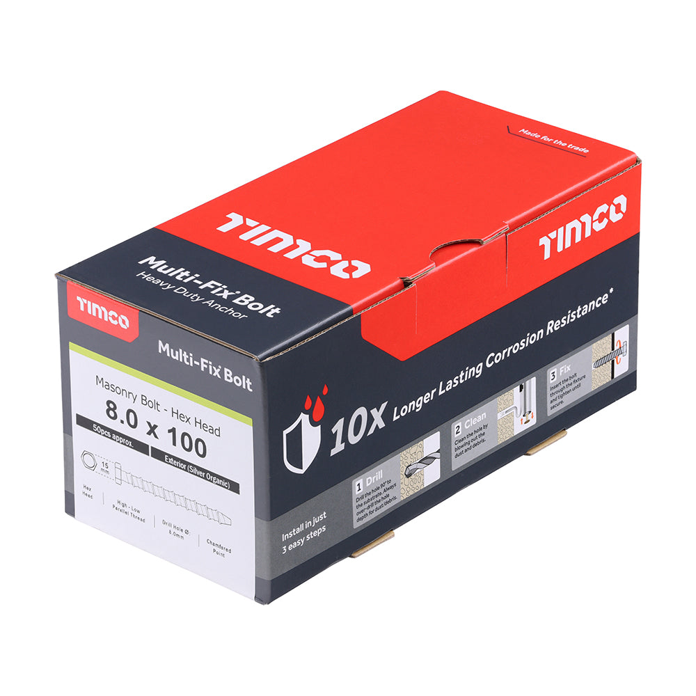 This is an image showing TIMCO Multi-Fix Masonry Bolts - Hex - Exterior - Silver - 8.0 x 100 - 50 Pieces Box available from T.H Wiggans Ironmongery in Kendal, quick delivery at discounted prices.