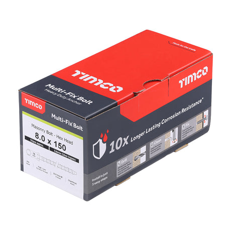 This is an image showing TIMCO Multi-Fix Masonry Bolts - Hex - Exterior - Silver - 8.0 x 150 - 50 Pieces Box available from T.H Wiggans Ironmongery in Kendal, quick delivery at discounted prices.