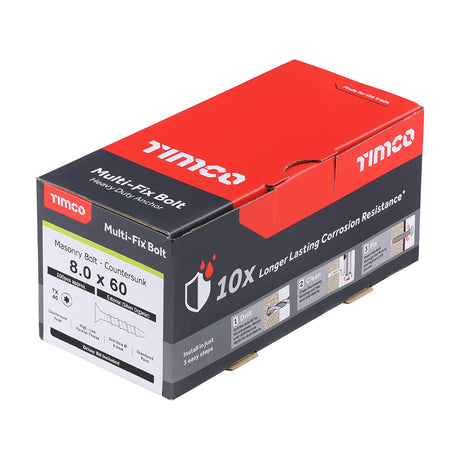 This is an image showing TIMCO Multi-Fix Masonry Bolts - Countersunk - Exterior - Silver - 8.0 x 60/M10 - 100 Pieces Box available from T.H Wiggans Ironmongery in Kendal, quick delivery at discounted prices.