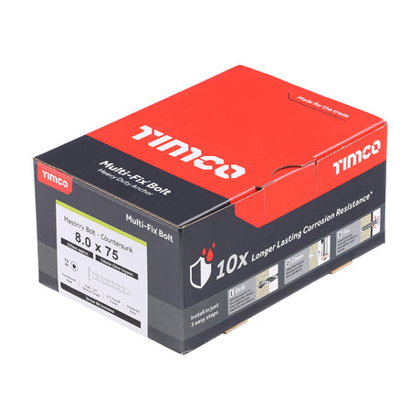 This is an image showing TIMCO Multi-Fix Masonry Bolts - Countersunk - Exterior - Silver - 8.0 x 75/M10 - 100 Pieces Box available from T.H Wiggans Ironmongery in Kendal, quick delivery at discounted prices.