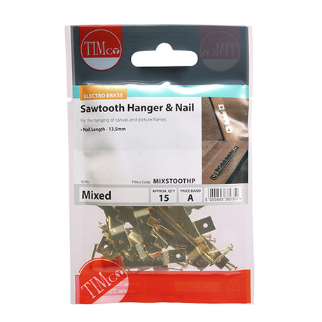 This is an image showing TIMCO Mixed Sawtooth Hangers and Nails - Electro Brass - 41mm & 63mm - 15 Pieces TIMpac available from T.H Wiggans Ironmongery in Kendal, quick delivery at discounted prices.