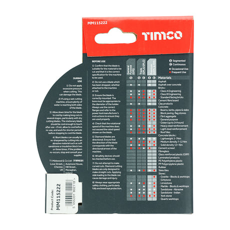 This is an image showing TIMCO Premium Diamond Blade - Turbo Continuous  - 115 x 22.2 - 1 Each Box available from T.H Wiggans Ironmongery in Kendal, quick delivery at discounted prices.