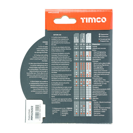 This is an image showing TIMCO Premium Diamond Blade - Turbo Continuous  - 125 x 22.2 - 1 Each Box available from T.H Wiggans Ironmongery in Kendal, quick delivery at discounted prices.