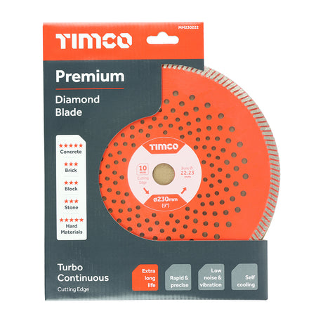This is an image showing TIMCO Premium Diamond Blade - Turbo Continuous  - 230 x 22.2 - 1 Each Box available from T.H Wiggans Ironmongery in Kendal, quick delivery at discounted prices.
