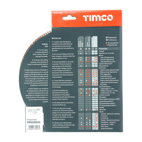 This is an image showing TIMCO Premium Diamond Blade - Turbo Continuous  - 230 x 22.2 - 1 Each Box available from T.H Wiggans Ironmongery in Kendal, quick delivery at discounted prices.