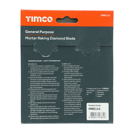 This is an image showing TIMCO Mortar Raking Diamond Blade - Segmented  - 115 x 22.2 - 1 Each Box available from T.H Wiggans Ironmongery in Kendal, quick delivery at discounted prices.