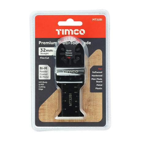 This is an image showing TIMCO Premium Multi-Tool Blade - Straight - For Wood/Metal - 32mm - 1 Each Blister Pack available from T.H Wiggans Ironmongery in Kendal, quick delivery at discounted prices.