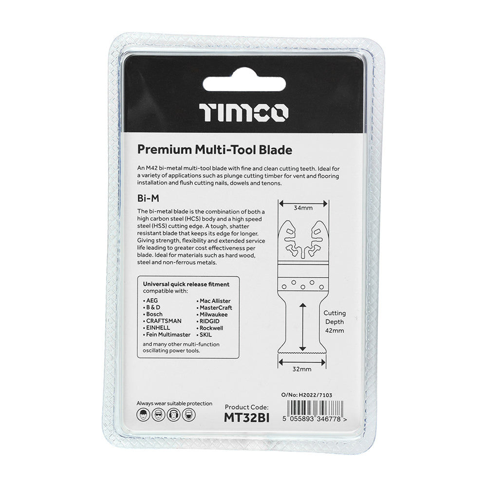 This is an image showing TIMCO Premium Multi-Tool Blade - Straight - For Wood/Metal - 32mm - 1 Each Blister Pack available from T.H Wiggans Ironmongery in Kendal, quick delivery at discounted prices.