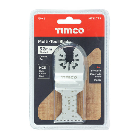 This is an image showing TIMCO Multi-Tool Blades - Straight Coarse - For Wood - 5pcs - 32mm - 5 Pieces Blister Pack available from T.H Wiggans Ironmongery in Kendal, quick delivery at discounted prices.