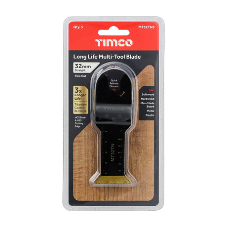 This is an image showing TIMCO Long Life Multi-Tool Blades - Straight - For Wood/Metal - 5pcs - 32mm - 5 Pieces Blister Pack available from T.H Wiggans Ironmongery in Kendal, quick delivery at discounted prices.