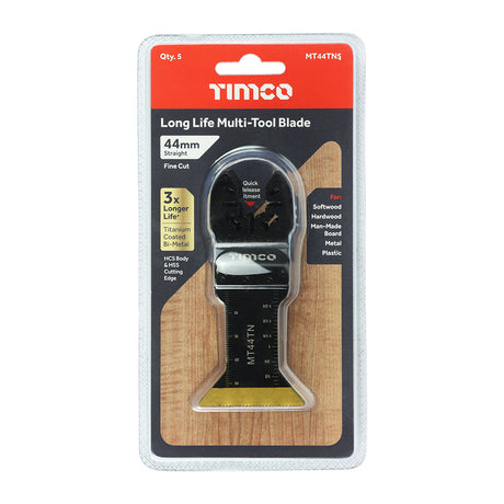 This is an image showing TIMCO Long Life Multi-Tool Blades - Straight - For Wood/Metal - 5pcs - 44mm - 5 Pieces Blister Pack available from T.H Wiggans Ironmongery in Kendal, quick delivery at discounted prices.
