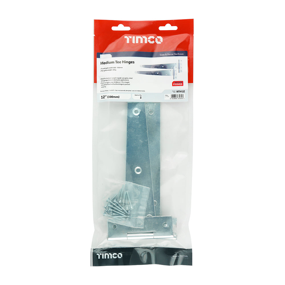 This is an image showing TIMCO Pair of Medium Tee Hinges - Zinc - 12" - 1 Each TIMbag available from T.H Wiggans Ironmongery in Kendal, quick delivery at discounted prices.