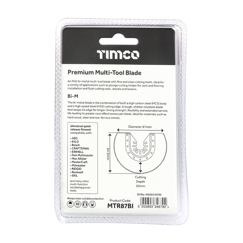 This is an image showing TIMCO Premium Multi-Tool Blade - Radial - For Wood / Metal - Dia. 87mm - 1 Each Blister Pack available from T.H Wiggans Ironmongery in Kendal, quick delivery at discounted prices.