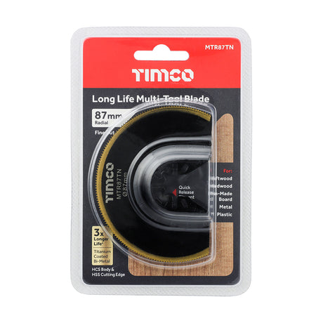 This is an image showing TIMCO Long Life Multi-Tool Blade - Radial - For Wood / Metal - Dia. 87mm - 1 Each Blister Pack available from T.H Wiggans Ironmongery in Kendal, quick delivery at discounted prices.
