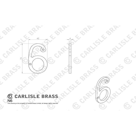 This image is a line drwaing of a Carlisle Brass - Numerals (0-9) Number 6/9 - Satin Chrome available to order from Trade Door Handles in Kendal