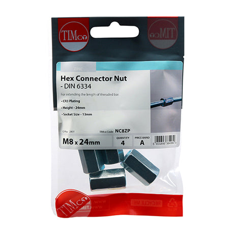 This is an image showing TIMCO Hex Connector Nuts - Zinc - M8 - 4 Pieces TIMpac available from T.H Wiggans Ironmongery in Kendal, quick delivery at discounted prices.