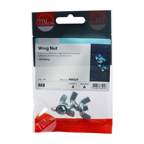 This is an image showing TIMCO Wing Nuts - Zinc - M8 - 4 Pieces TIMpac available from T.H Wiggans Ironmongery in Kendal, quick delivery at discounted prices.