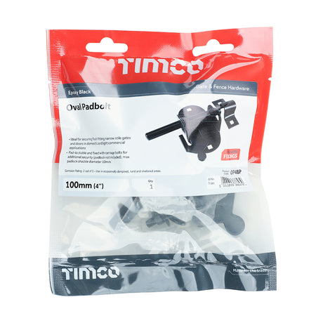 This is an image showing TIMCO Oval Padbolt - Black - 4" - 1 Each TIMbag available from T.H Wiggans Ironmongery in Kendal, quick delivery at discounted prices.