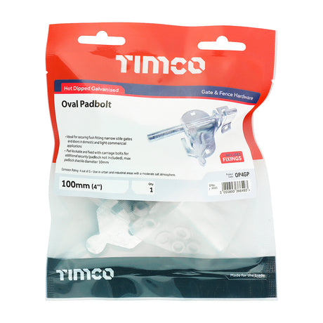 This is an image showing TIMCO Oval Padbolt - Hot Dipped Galvanised - 4" - 1 Each TIMbag available from T.H Wiggans Ironmongery in Kendal, quick delivery at discounted prices.
