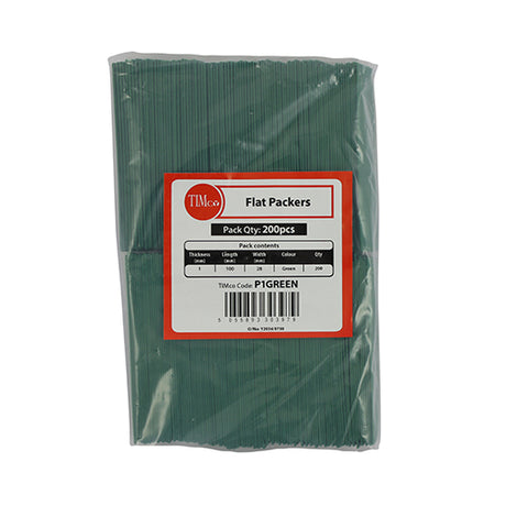 This is an image showing TIMCO Individual Packers - 28mm - 1.0mm - Green - 100 x 28 x 1 - 200 Pieces Bag available from T.H Wiggans Ironmongery in Kendal, quick delivery at discounted prices.
