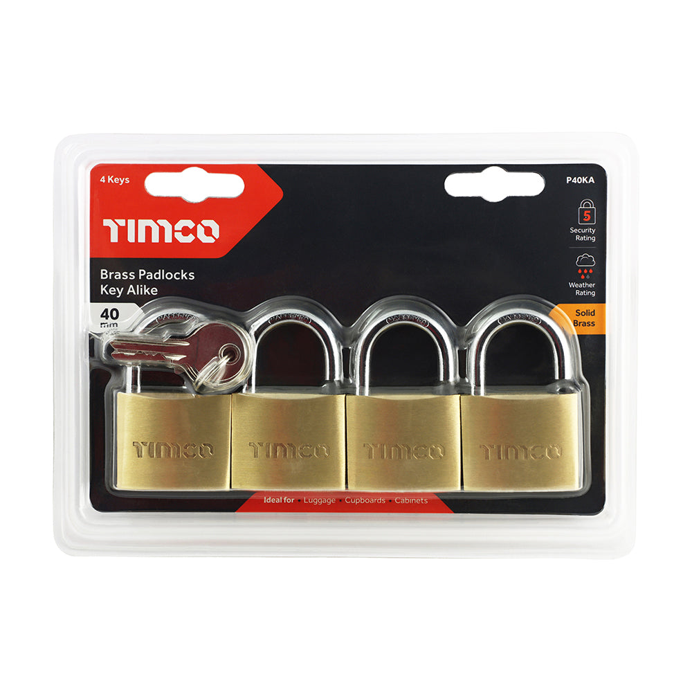 This is an image showing TIMCO Brass Padlocks Key Alike - 40mm - 4 Pieces Blister Pack available from T.H Wiggans Ironmongery in Kendal, quick delivery at discounted prices.