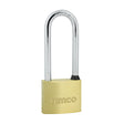 This is an image showing TIMCO Brass Padlock Long Shackle - 40mm - 1 Each Blister Pack available from T.H Wiggans Ironmongery in Kendal, quick delivery at discounted prices.
