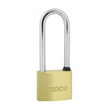 This is an image showing TIMCO Brass Padlock Long Shackle - 40mm - 1 Each Blister Pack available from T.H Wiggans Ironmongery in Kendal, quick delivery at discounted prices.