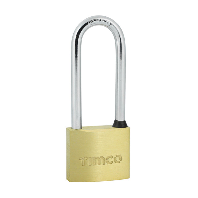 This is an image showing TIMCO Brass Padlock Long Shackle - 40mm - 1 Each Blister Pack available from T.H Wiggans Ironmongery in Kendal, quick delivery at discounted prices.