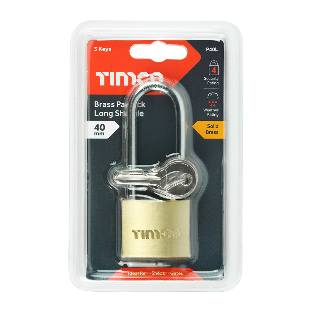 This is an image showing TIMCO Brass Padlock Long Shackle - 40mm - 1 Each Blister Pack available from T.H Wiggans Ironmongery in Kendal, quick delivery at discounted prices.