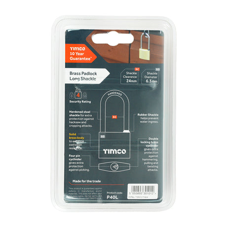 This is an image showing TIMCO Brass Padlock Long Shackle - 40mm - 1 Each Blister Pack available from T.H Wiggans Ironmongery in Kendal, quick delivery at discounted prices.