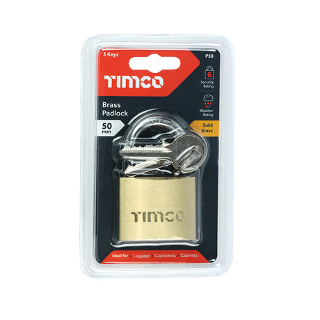 This is an image showing TIMCO Brass Padlock - 50mm - 1 Each Blister Pack available from T.H Wiggans Ironmongery in Kendal, quick delivery at discounted prices.
