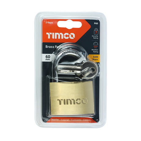 This is an image showing TIMCO Brass Padlock - 60mm - 1 Each Blister Pack available from T.H Wiggans Ironmongery in Kendal, quick delivery at discounted prices.
