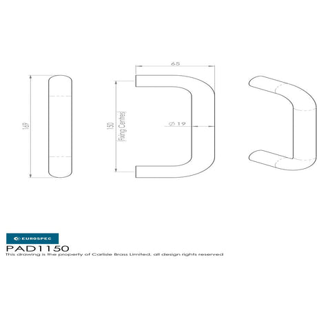 This image is a line drwaing of a Eurospec - 19mm D Pull Handle 150mm Centres - Satin Stainless Steel available to order from Trade Door Handles in Kendal