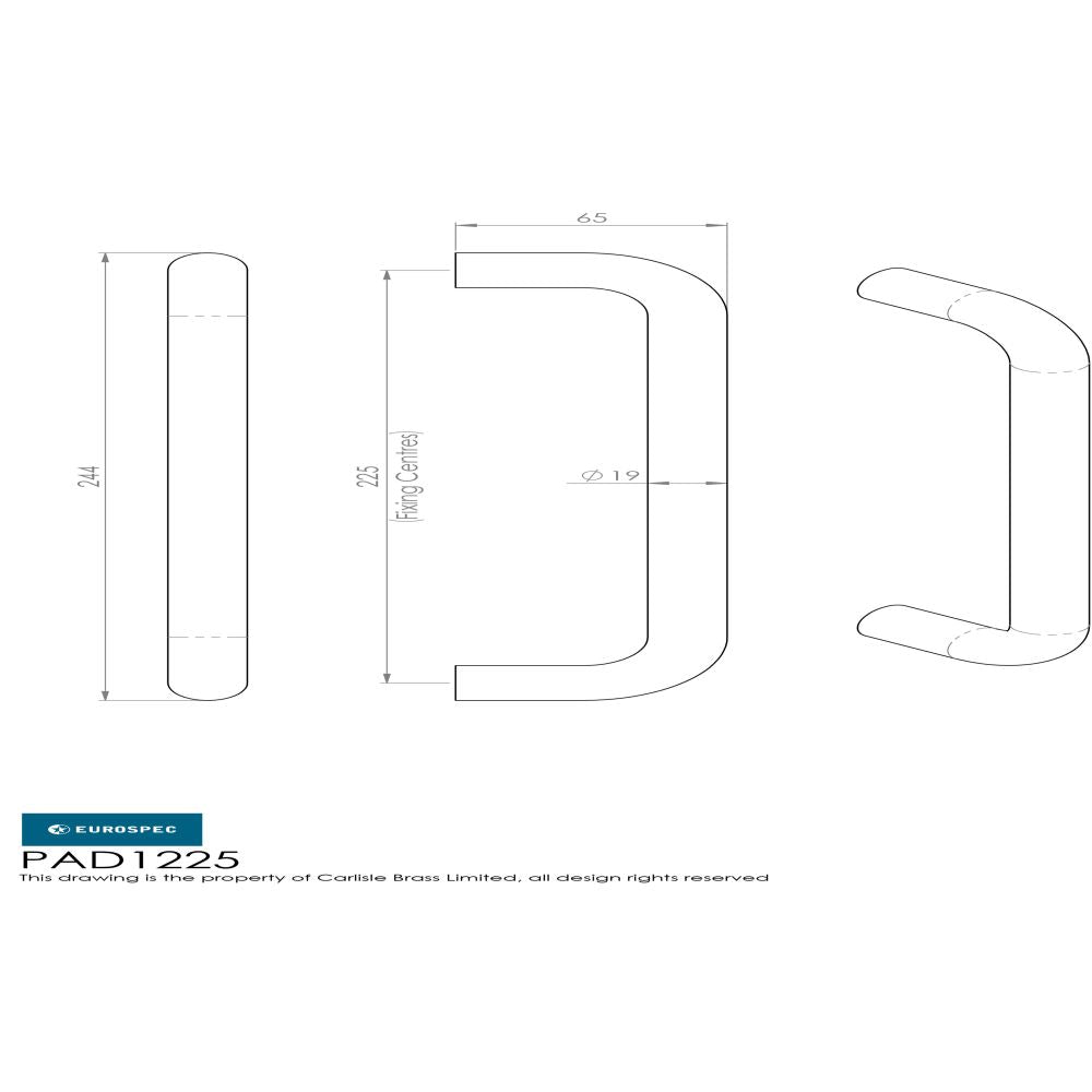 This image is a line drwaing of a Eurospec - 19mm D Pull Handles 225mm Centres - Satin Stainless Steel available to order from Trade Door Handles in Kendal