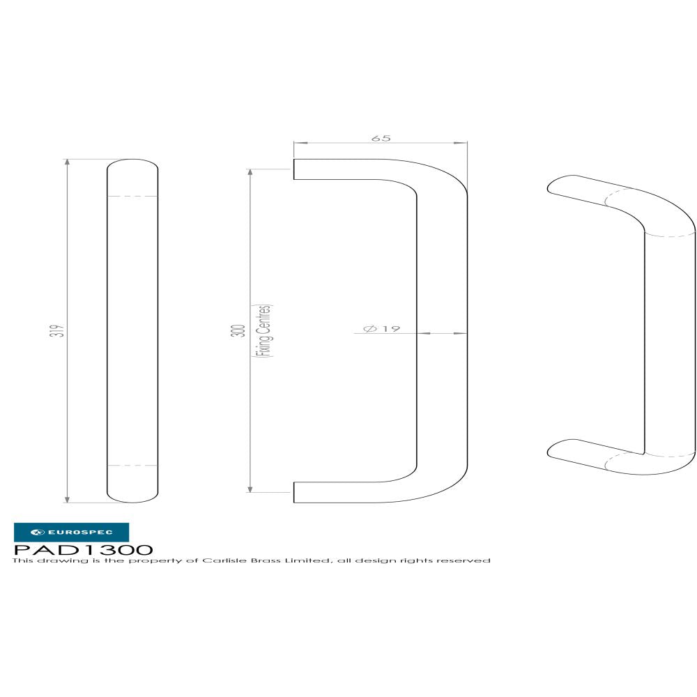 This image is a line drwaing of a Eurospec - 19mm D Pull Handles 300mm Centres - Satin Stainless Steel available to order from Trade Door Handles in Kendal