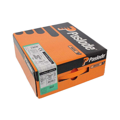 This is an image showing TIMCO Paslode IM350+ Nails & Fuel Cells Trade Pack - Plain Shank - Bright - 141233 - 3.1 x 90/2CFC - 2200 Pieces Box available from T.H Wiggans Ironmongery in Kendal, quick delivery at discounted prices.