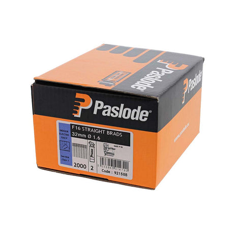 This is an image showing TIMCO Paslode IM65 Brads & Fuel Cells Pack - Straight - Electro Galvanised - 921588 - 16g x 32/2BFC - 2000 Pieces Box available from T.H Wiggans Ironmongery in Kendal, quick delivery at discounted prices.
