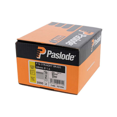 This is an image showing TIMCO Paslode IM65 Brads & Fuel Cells Pack - Straight - Stainless Steel - 921594 - 16g x 38/2BFC - 2000 Pieces Box available from T.H Wiggans Ironmongery in Kendal, quick delivery at discounted prices.