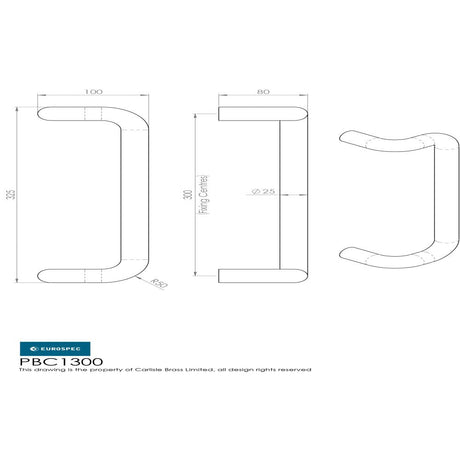 This image is a line drwaing of a Eurospec - 25mm Cranked Pull Handle 300mm Centres - Satin Stainless Steel available to order from Trade Door Handles in Kendal