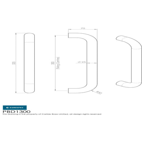 This image is a line drwaing of a Eurospec - 25mm D Pull Handles 300mm Centres - Bright Stainless Steel available to order from Trade Door Handles in Kendal