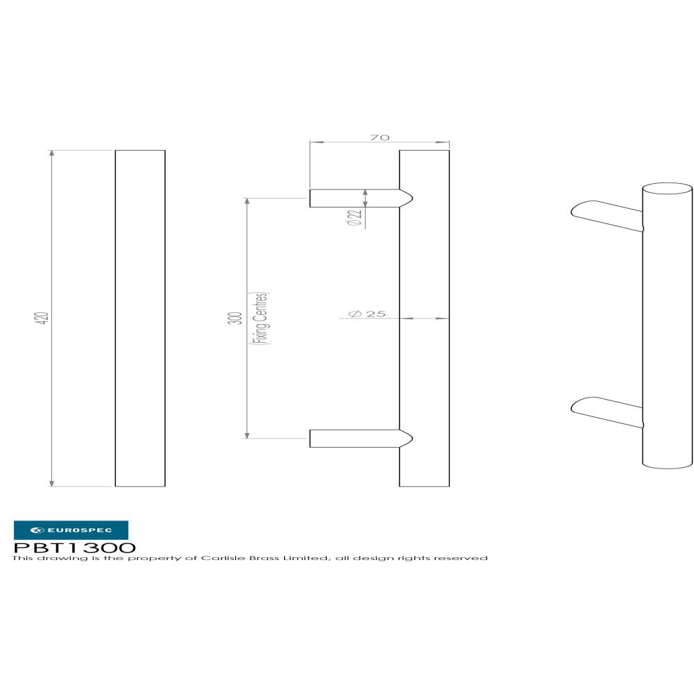 This image is a line drwaing of a Eurospec - 25mm Straight T Pull Handle 300mm Centres - Satin Stainless Steel available to order from Trade Door Handles in Kendal