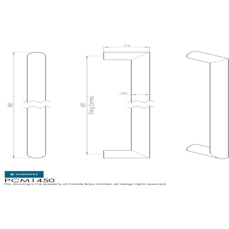 This image is a line drwaing of a Eurospec - 30mm Mitred Pull Handle 450mm Centres - Satin Stainless Steel available to order from Trade Door Handles in Kendal