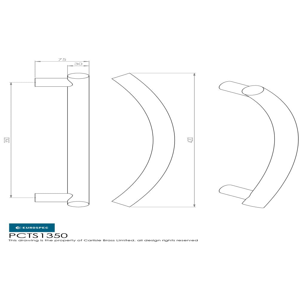 This image is a line drwaing of a Eurospec - Curved T Pull Handle - Satin Stainless Steel available to order from Trade Door Handles in Kendal