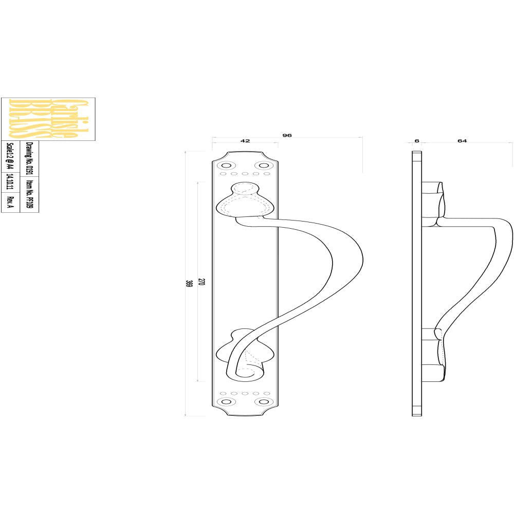 This image is a line drwaing of a Carlisle Brass - Laurin Pull Handle L/H - Polished Brass available to order from Trade Door Handles in Kendal