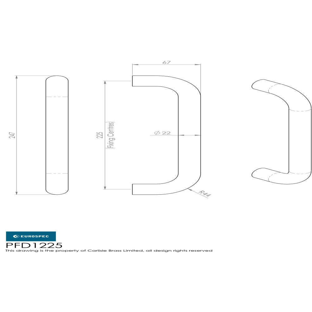 This image is a line drwaing of a Eurospec - 22mm D Pull Handles 225mm Centres - Satin Stainless Steel available to order from Trade Door Handles in Kendal