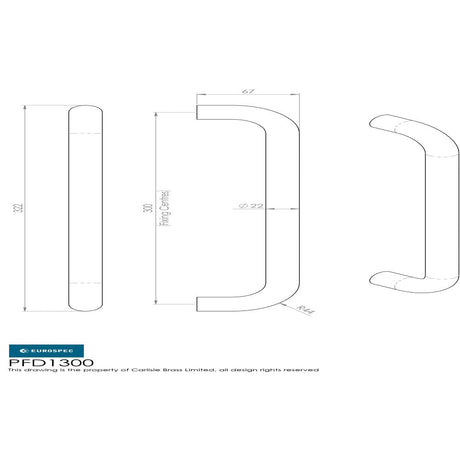 This image is a line drwaing of a Eurospec - 22mm D Pull Handles 300mm Centres - Satin Stainless Steel available to order from Trade Door Handles in Kendal