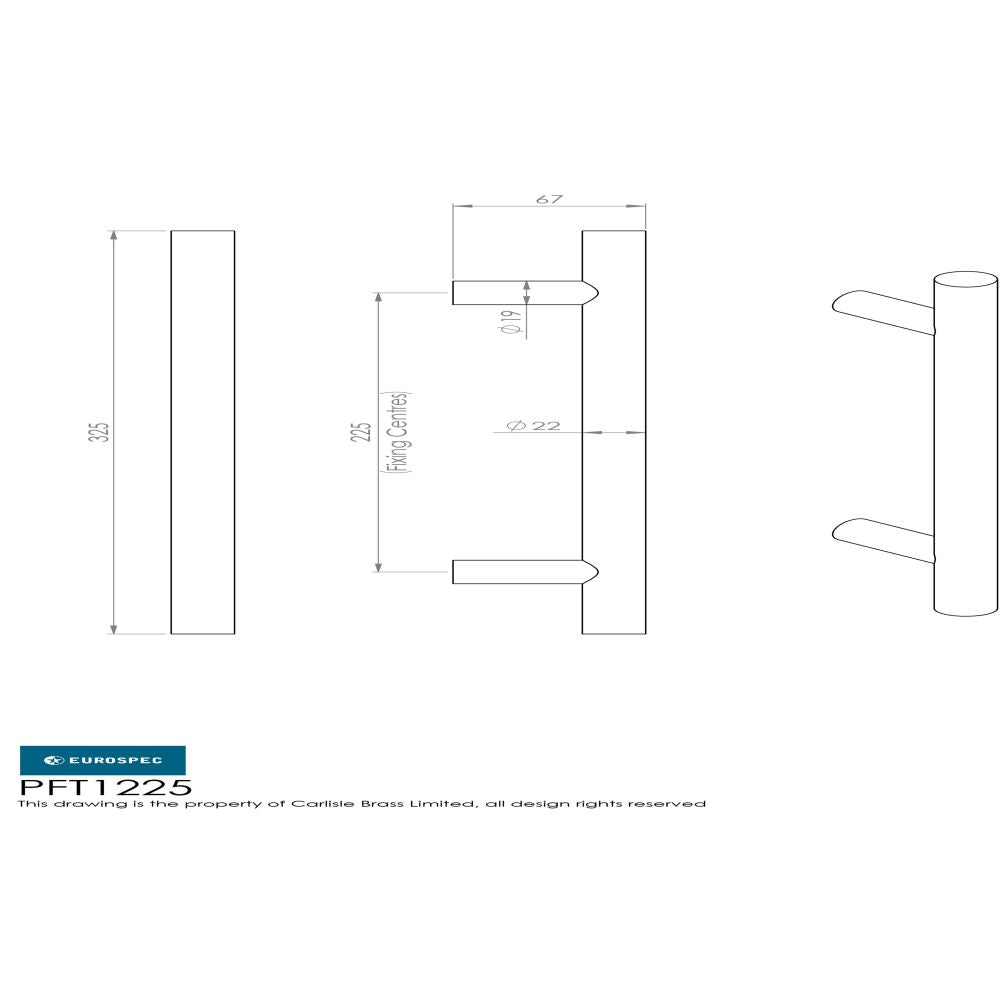 This image is a line drwaing of a Eurospec - 22mm Straight T Pull Handle 225mm Centres - Satin Stainless Steel available to order from Trade Door Handles in Kendal