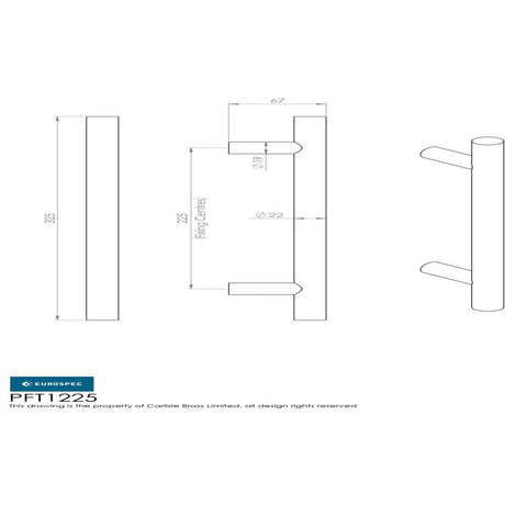 This image is a line drwaing of a Eurospec - 22mm Straight T Pull Handle 225mm Centres - Satin Stainless Steel available to order from Trade Door Handles in Kendal